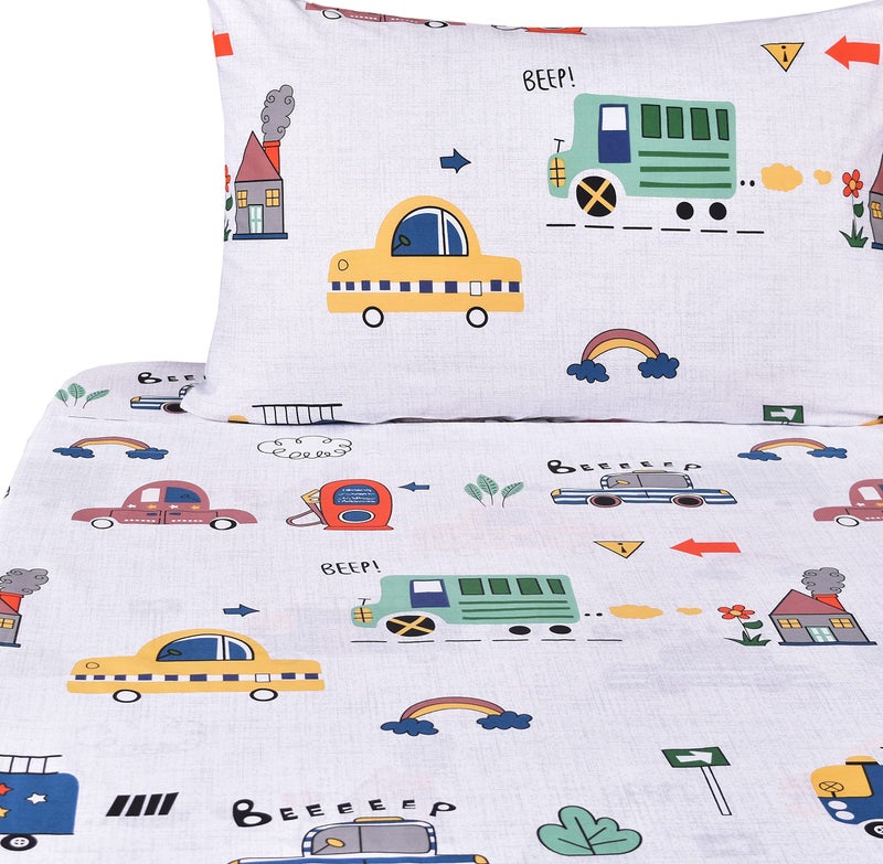 J-pinno Cars Bus Traffic Transport Boys Full Sheet Set Bedroom Decoration Gift, 100% Cotton, Flat Sheet + Fitted Sheet + Pillowcase Bedding Set (12, Full) - Image 3